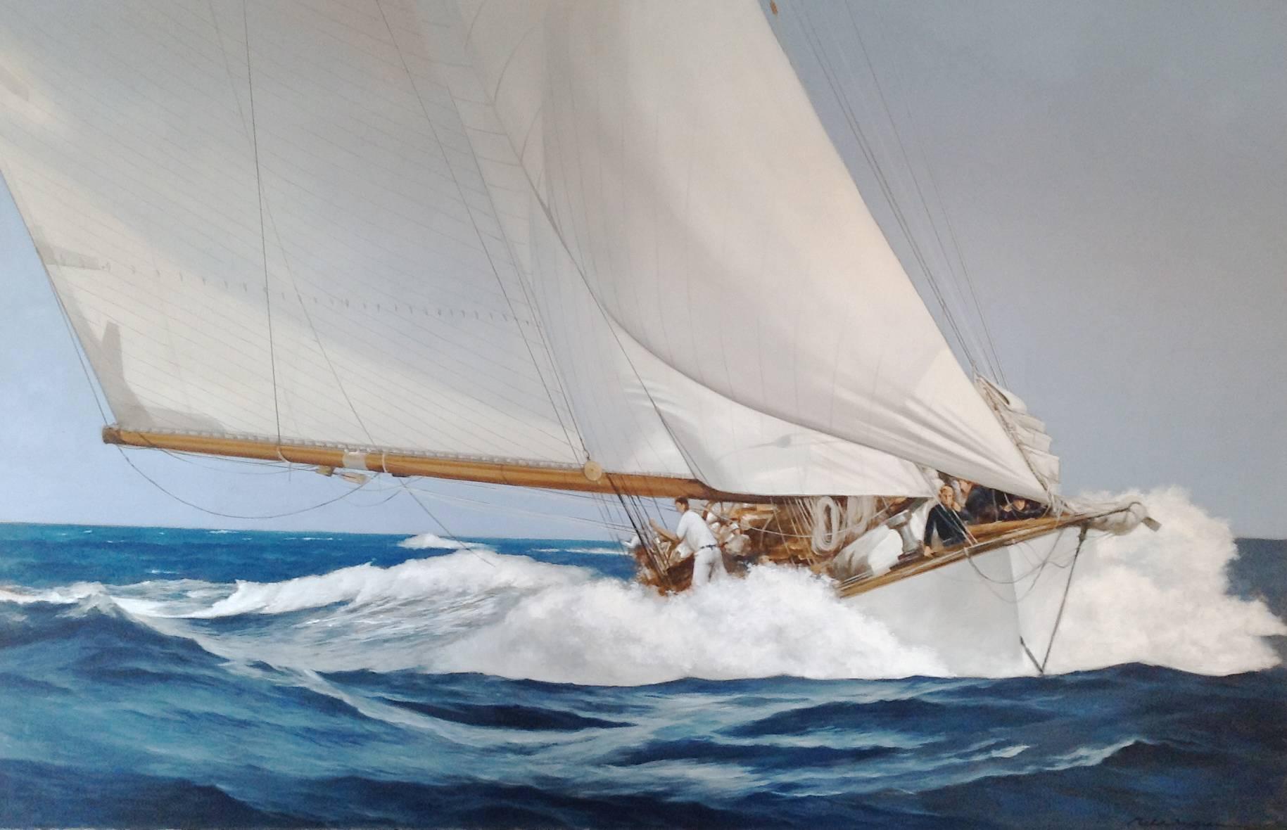 Michel Brosseau Landscape Painting - "Speed & Foam" Large oil painting of a wooden sailing yacht in deep blue waves