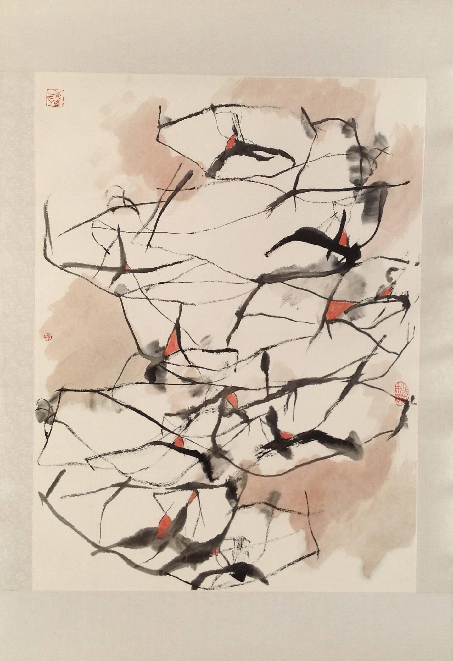 "Oxen #5" Chinese abstract ink on paper in black, white and red accents
