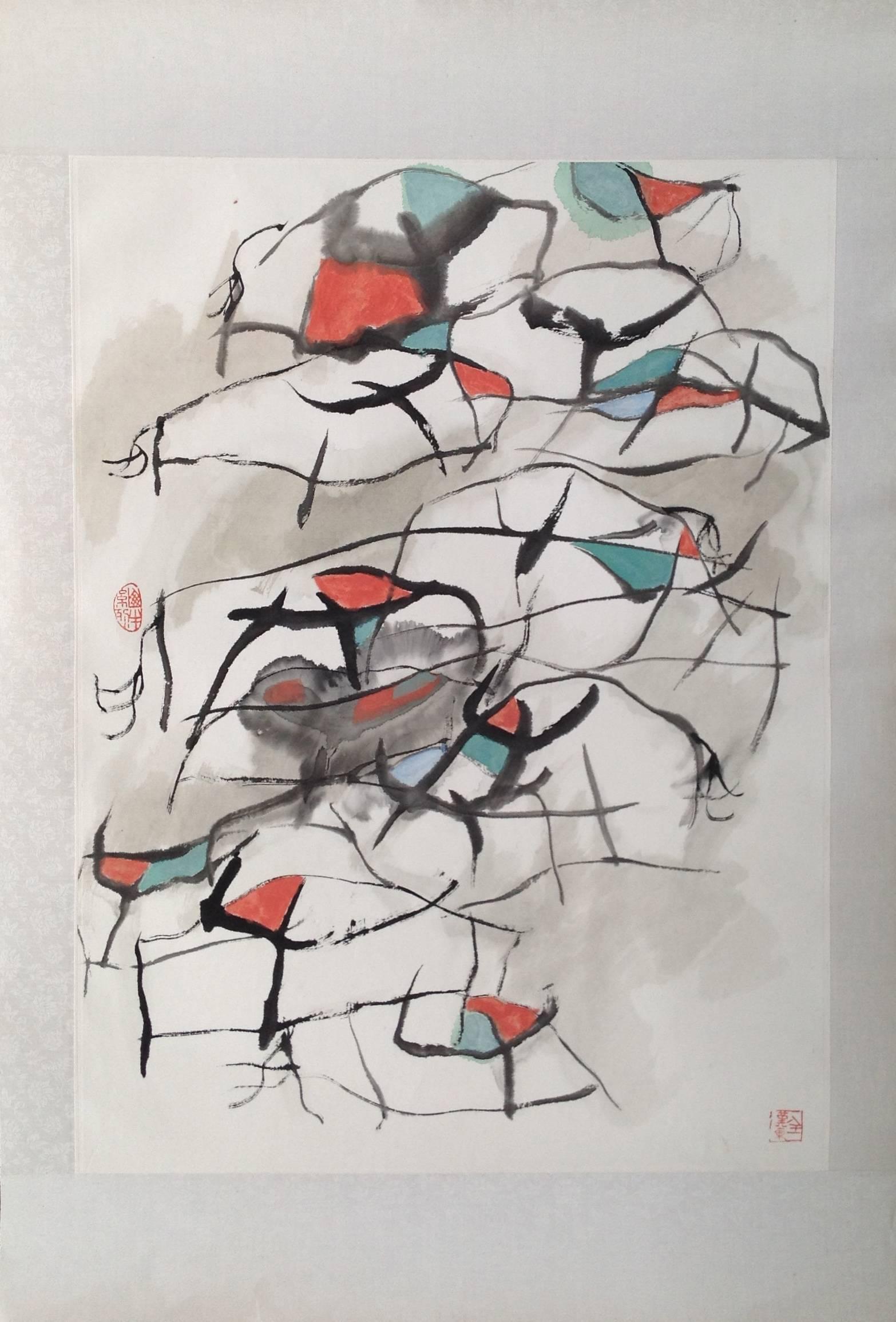 "Oxen #11" Chinese abstract ink on paper in black, white, red and green