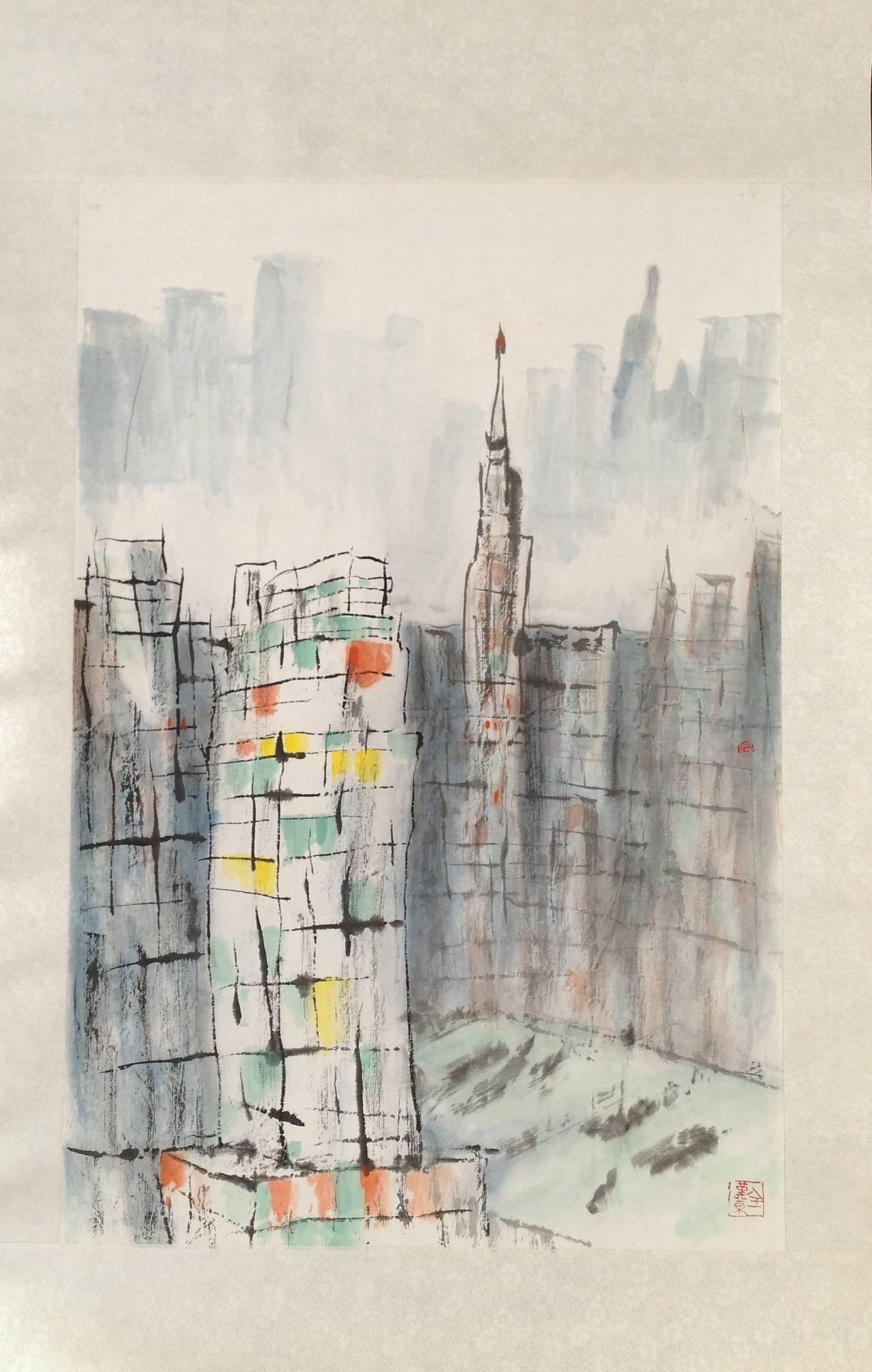 Quan Handong Abstract Drawing - "Behind The Wall #7" Chinese abstract cityscape ink on paper
