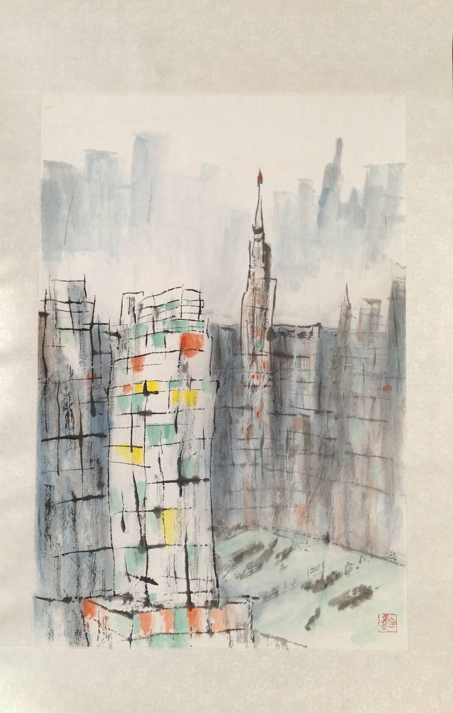 Quan Handong Abstract Drawing - "Behind The Wall #7" Chinese abstract cityscape ink on paper