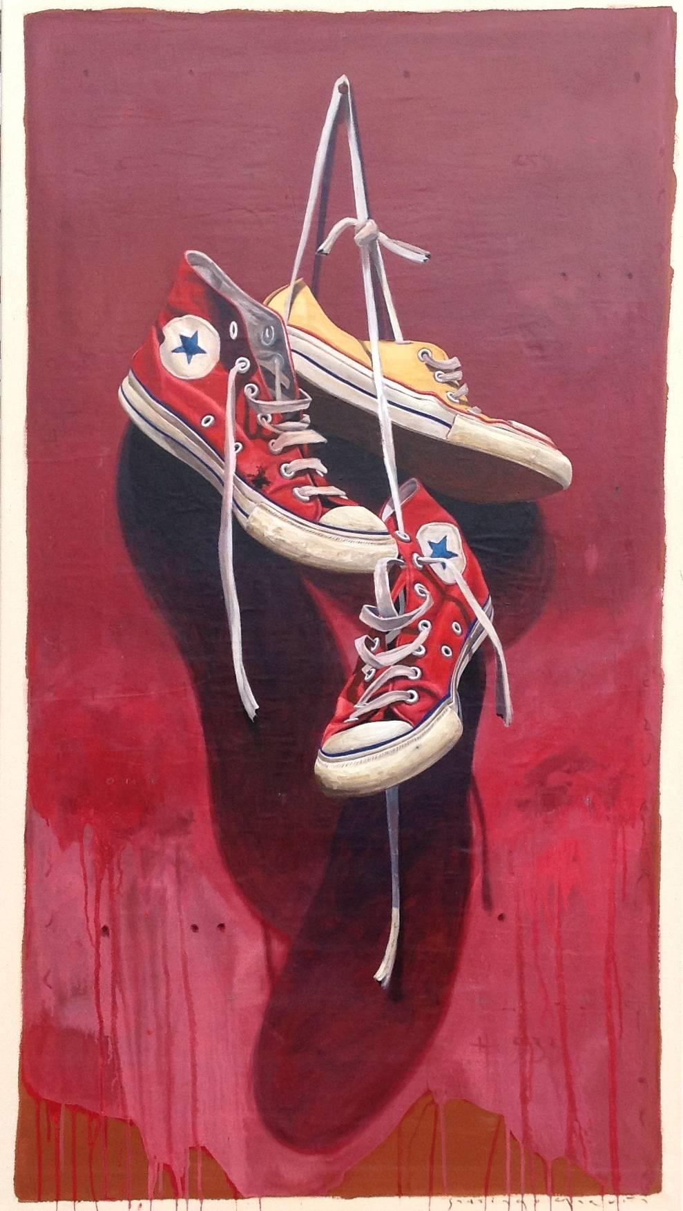 Santiago Garcia Still-Life Painting - "#533" Old Red and Yellow Converse with Maroon Background