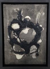 "#11" Abstract ink and fibers on paper in black and white