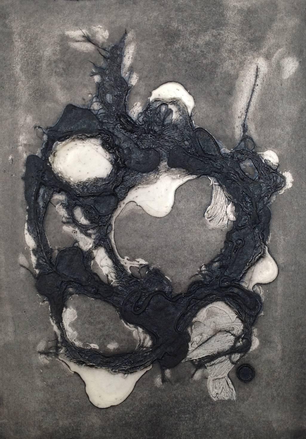 "#11" Abstract ink and fibers on paper in black and white