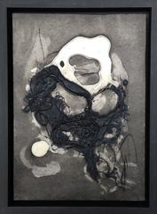 "#12" Abstract ink and fibers on paper in black and white