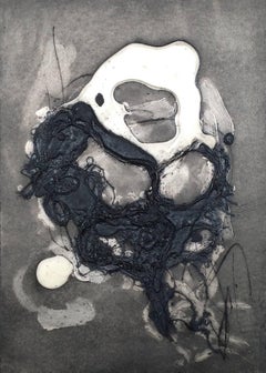 "#12" Tinta abstracta y fibras sobre papel en blanco y negro