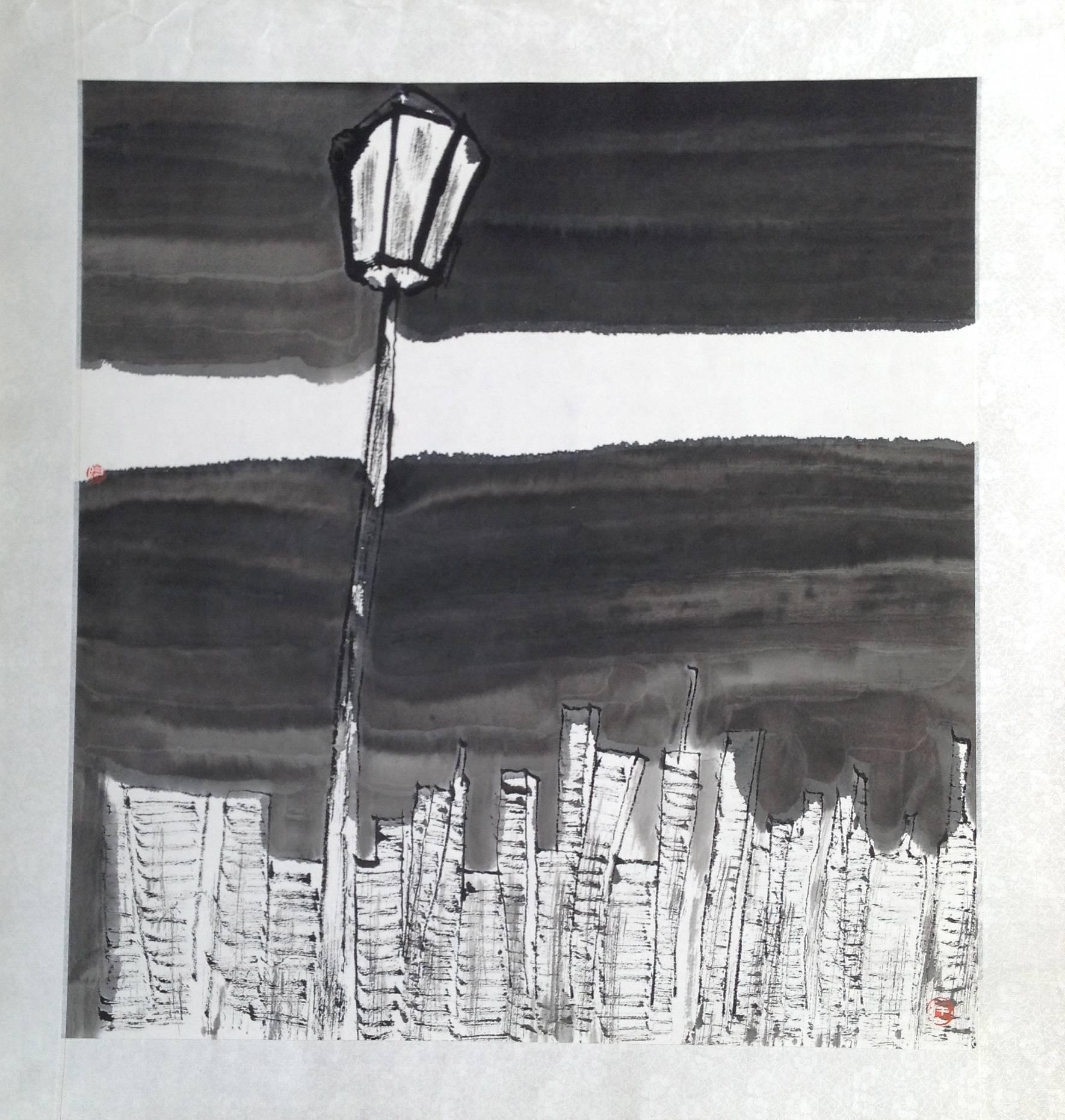 "City Light #3" Chinese abstract cityscape ink on paper in black and white