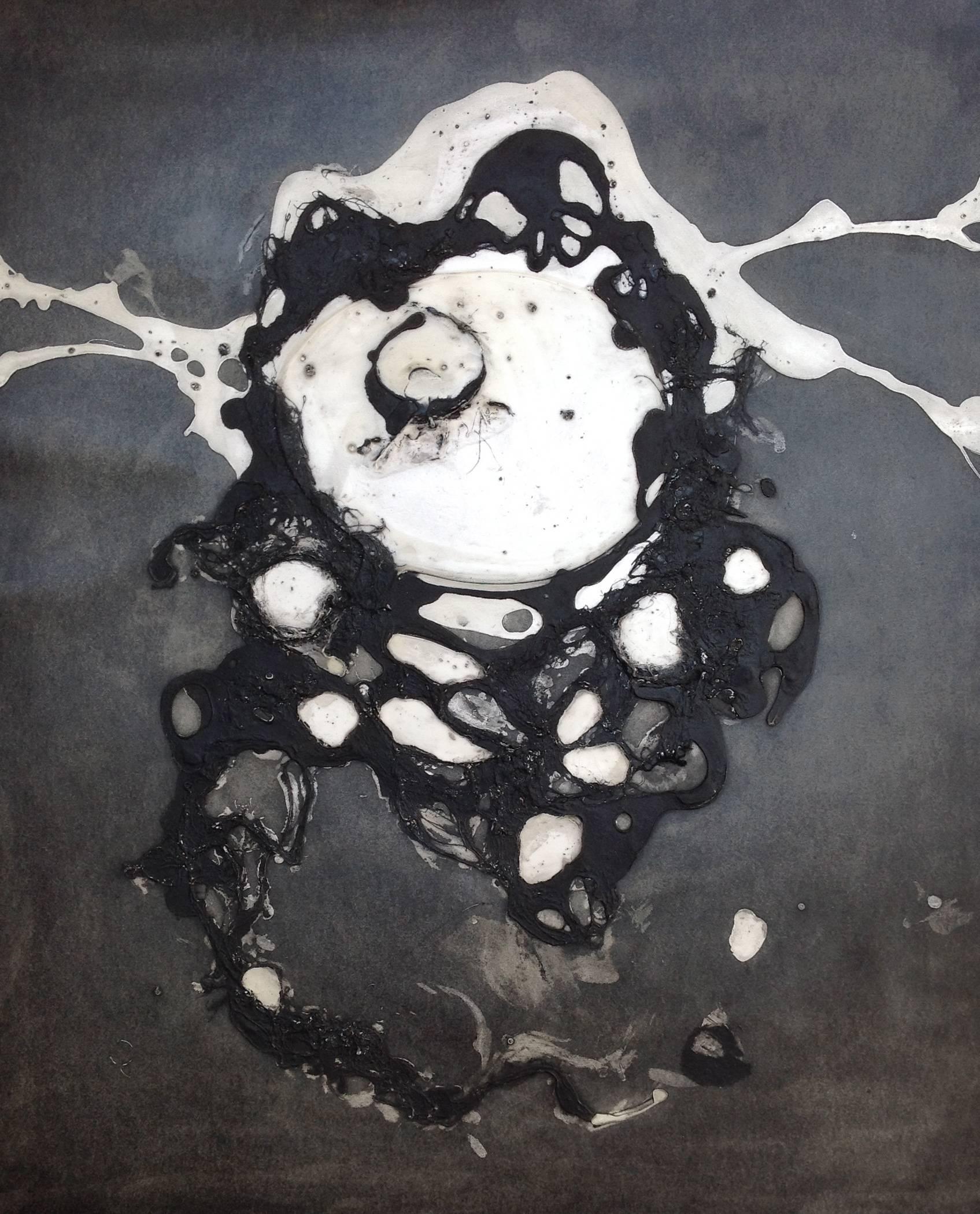 Alyssa Warren Abstract Painting - "#09" abstract ink and fibers on paper in black and white