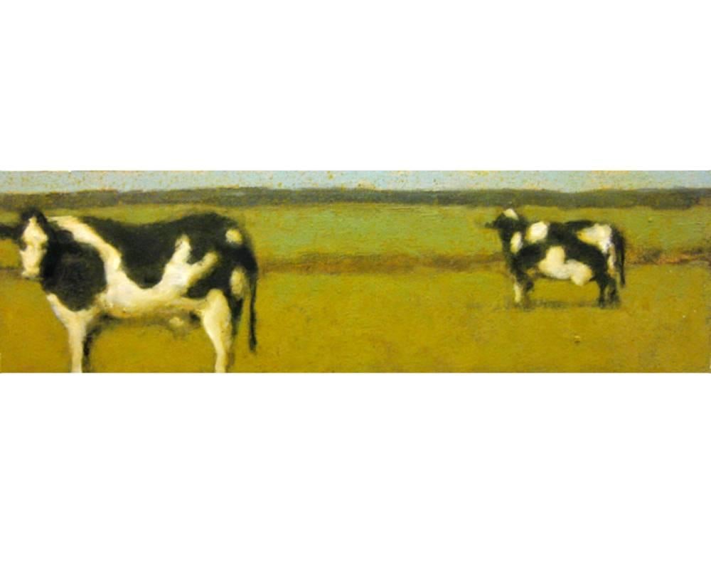 Peinture à l'huile "Dairyland" représentant deux vaches en noir et blanc dans un champ