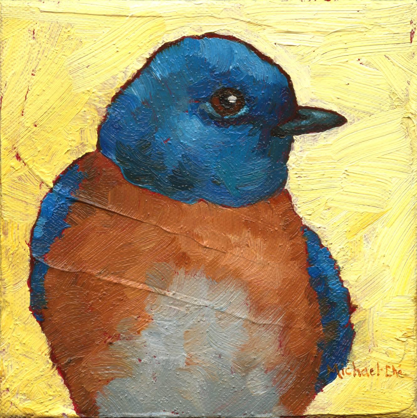 Michael-Che Swisher Animal Painting - "A Touch of Sweet" oil painting of a blue and brown bird on yellow background