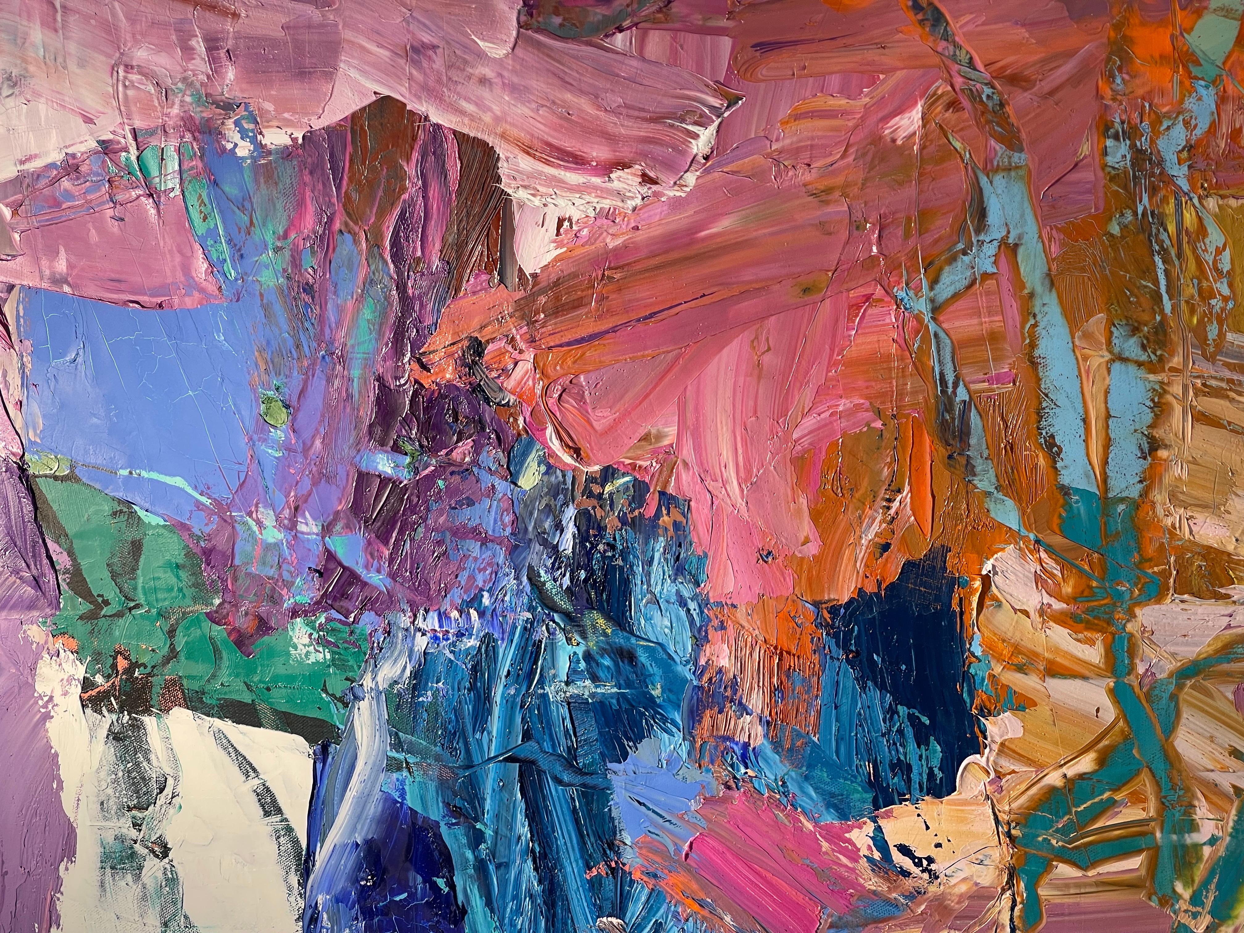 Un dipinto a olio astratto vibrante e colorato con il tema del paesaggio urbano di New York.

