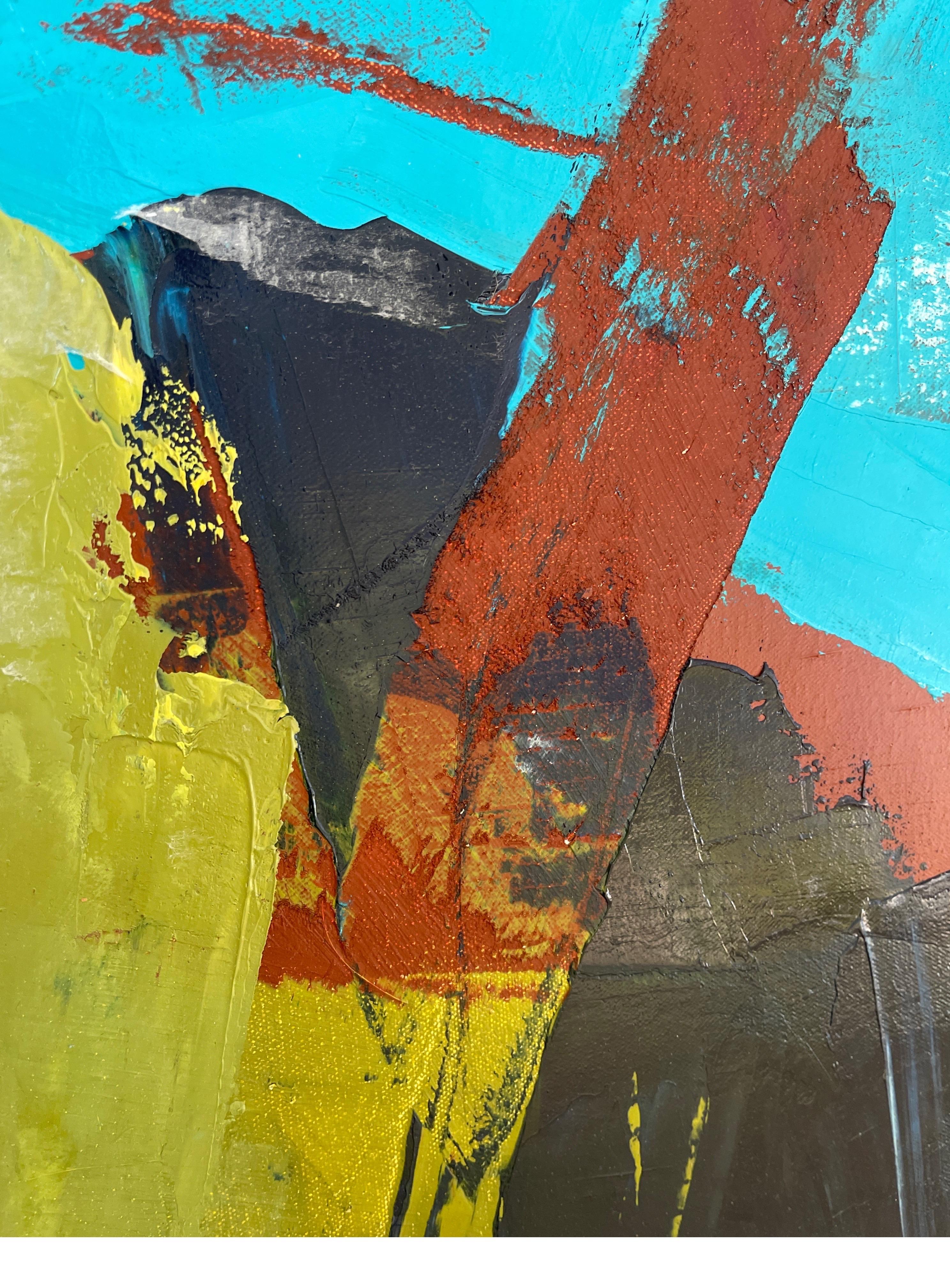 Un dipinto a olio astratto vibrante e colorato con il tema del paesaggio urbano di New York.

