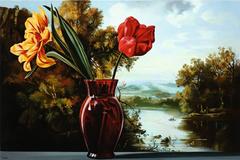 Red and Yellow Tulips with Summer View