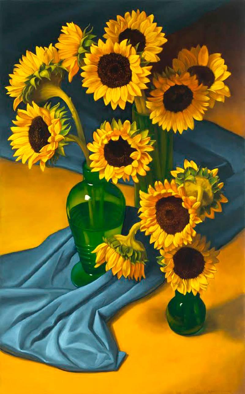 Denise Mickilowski Still-Life Painting - 12 Sunflowers with Blue Cloth