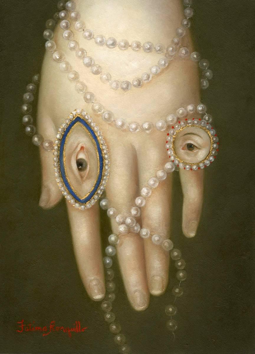 Fatima Ronquillo Figurative Painting - Hand with Pearls and Lover's Eyes