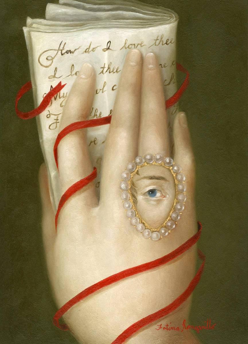 Fatima Ronquillo Figurative Painting - Hand with Elizabeth Barrett Browning's Sonnet 43"