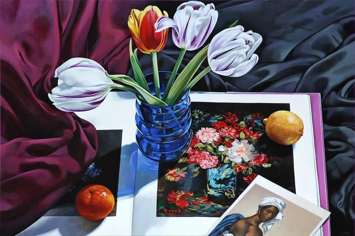 Sherrie Wolf Still-Life Painting - Tulips with Portrait from Louvre