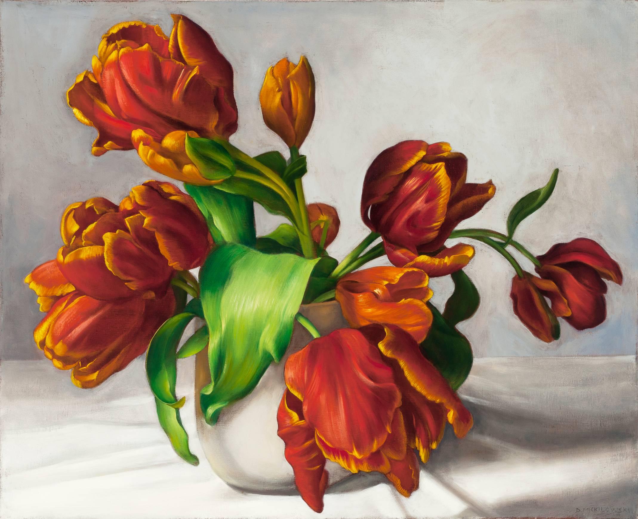 Denise Mickilowski Still-Life Painting - Orange Parrot Tulips