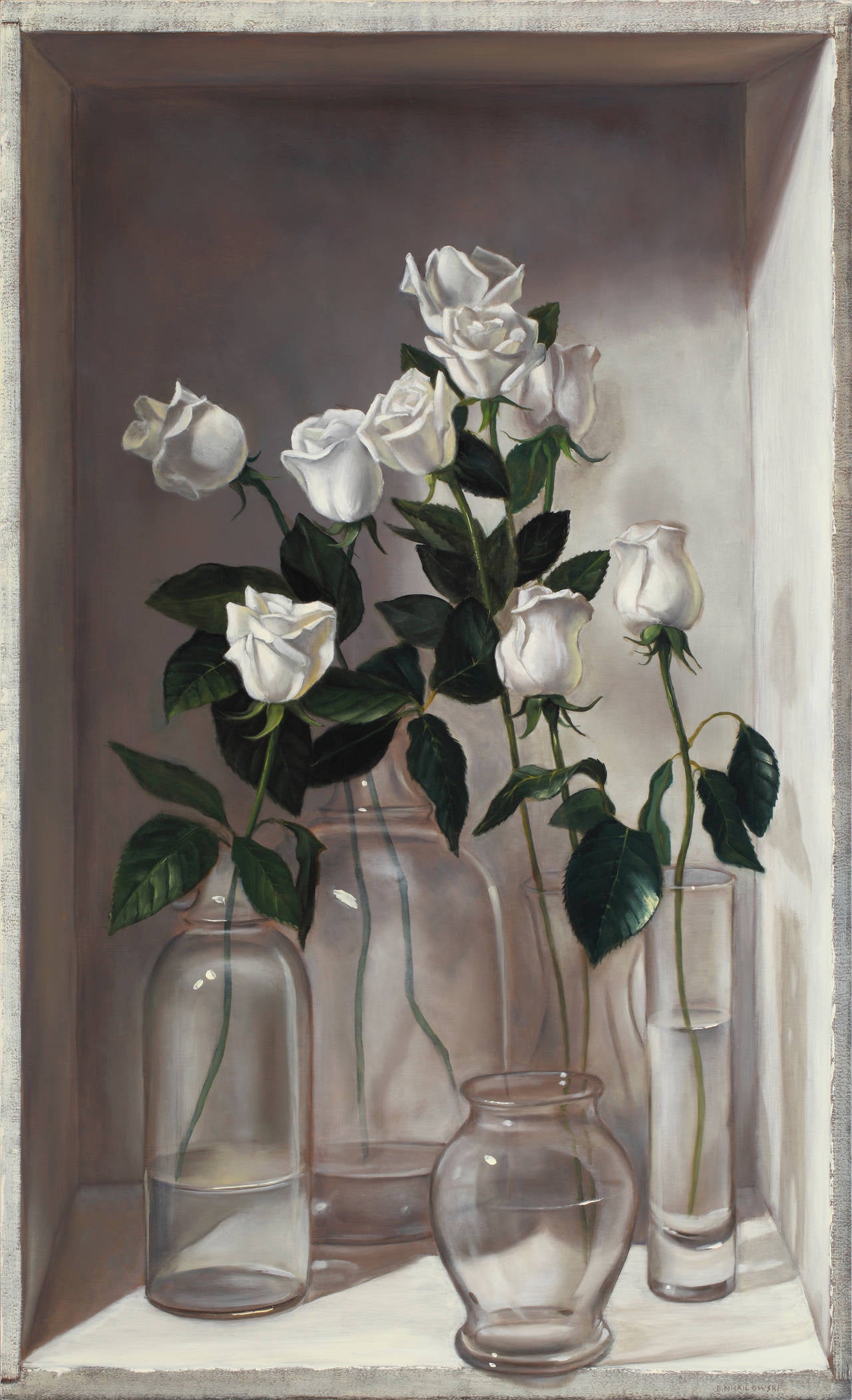 Denise Mickilowski Still-Life Painting - Nine White Roses
