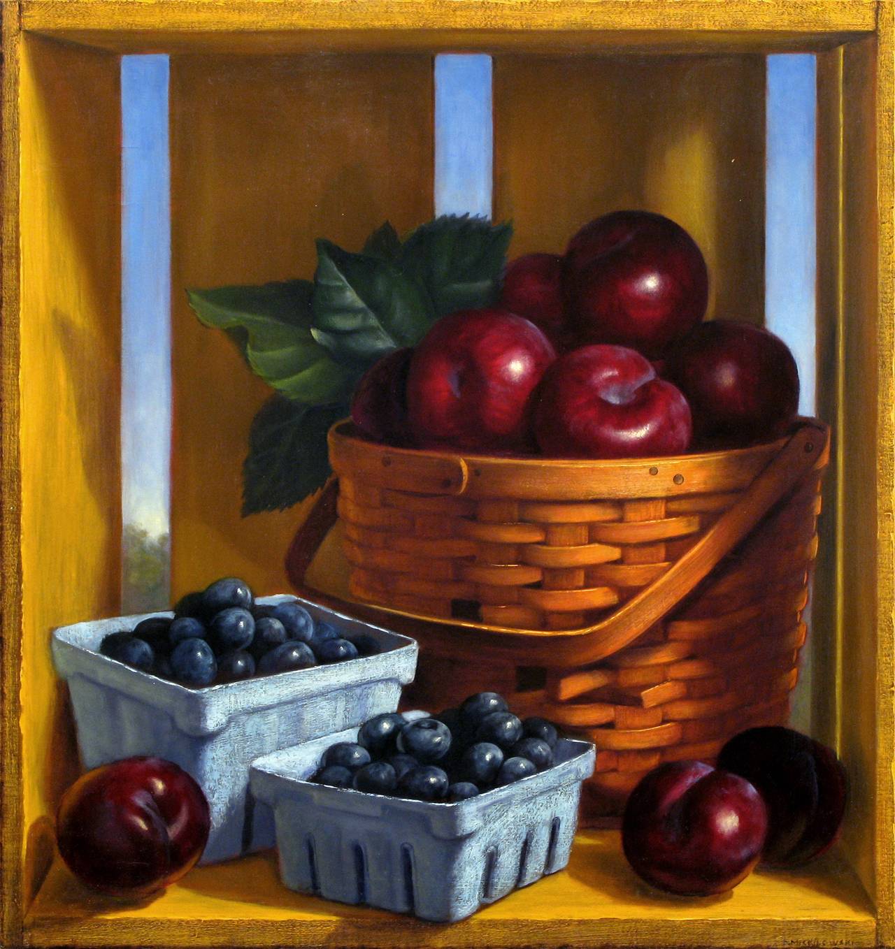 Denise Mickilowski Still-Life Painting - Plums with Two Pints of Blueberries
