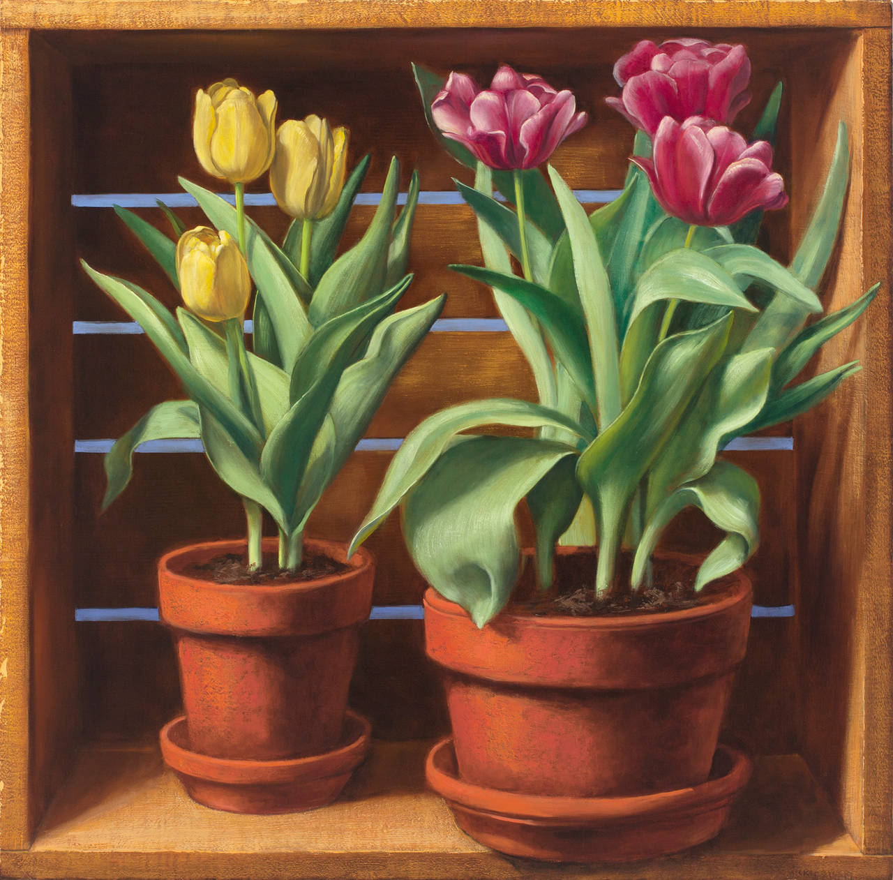 Denise Mickilowski Still-Life Painting - Two Pots of Tulips