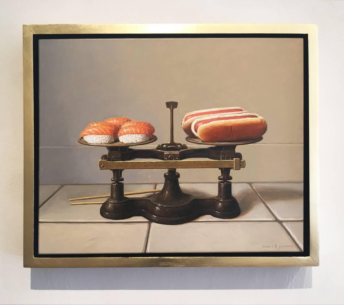 Oil on linen, 2016.
Signed by the artist on lower right, front.
Light maple float frame with 3/4 inch gold-leaf face.

This is an original work of art made by mid-career artist Robert C. Jackson. By employing playful objects such as cakes and candy,
