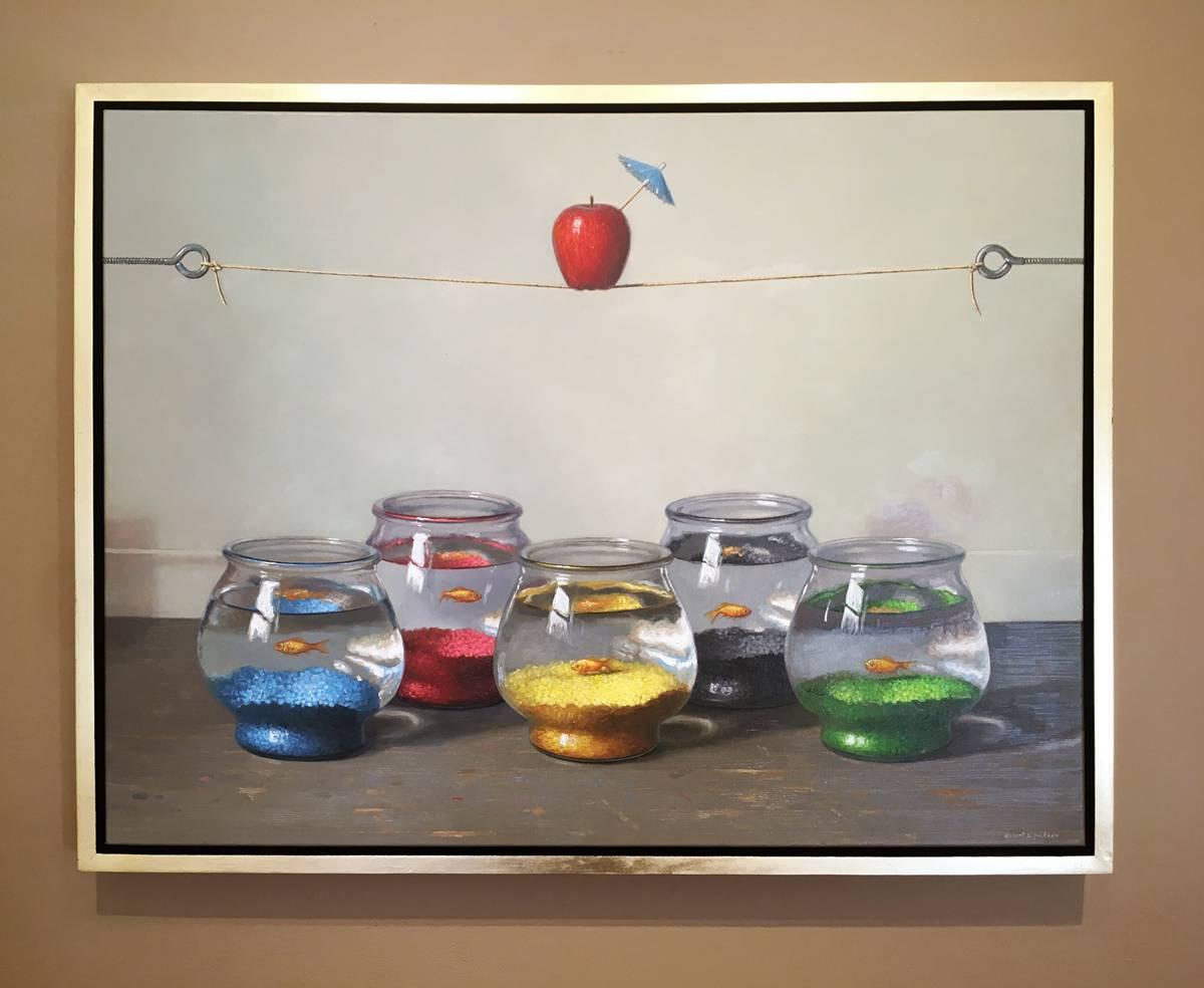 Oil on linen, 2016.
Signed by the artist on lower right, front.
Light maple float frame with 3/4 inche gold-leaf face.

This is an original work of art made by mid-career artist Robert C. Jackson. By employing playful objects such as cakes and