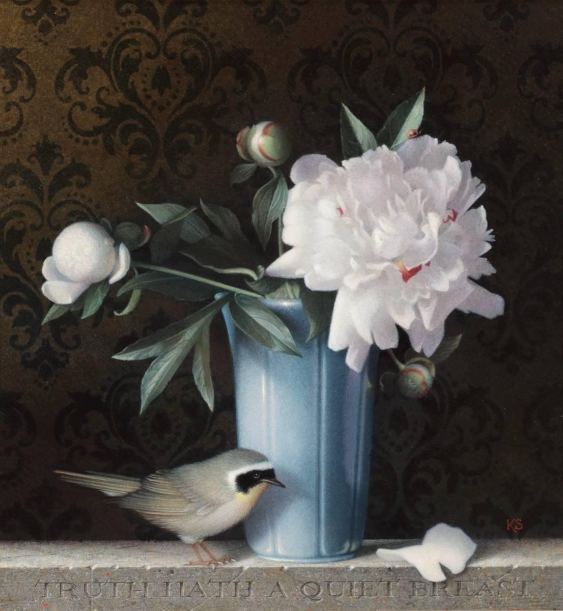 Koo Schadler Still-Life Painting - Peonies and Common Yellowthroat Warbler
