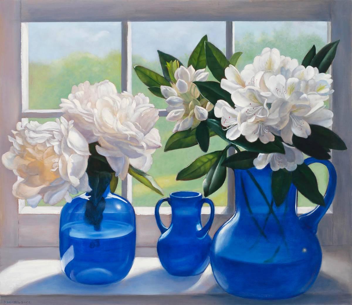 Denise Mickilowski Still-Life Painting - White Flowers, Blue Glass