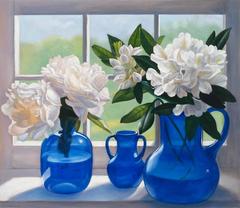 White Flowers, Blue Glass