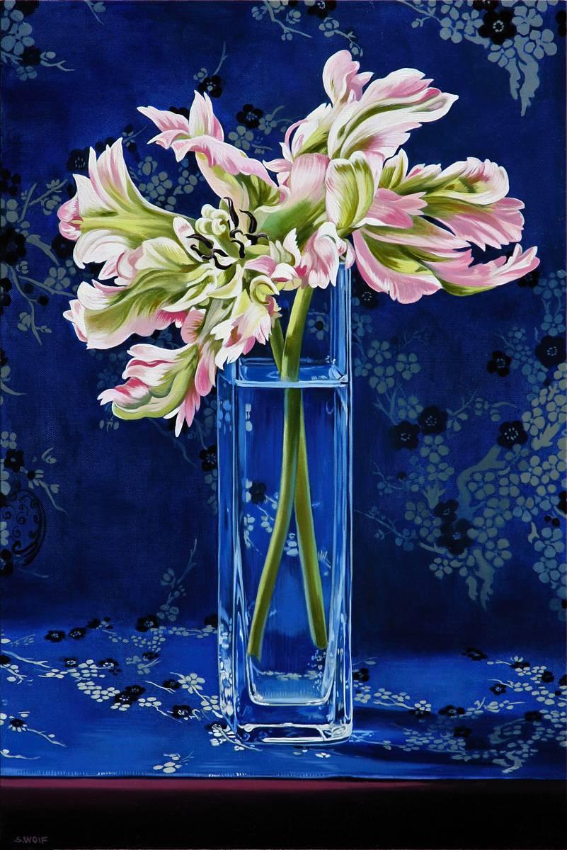 Sherrie Wolf Still-Life Painting - Parrot Tulips with Blue