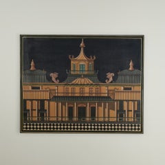 Vintage Modernist Architectural Painting with Pagoda