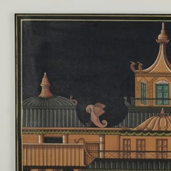 Vintage Modernist Architectural Painting with Pagoda