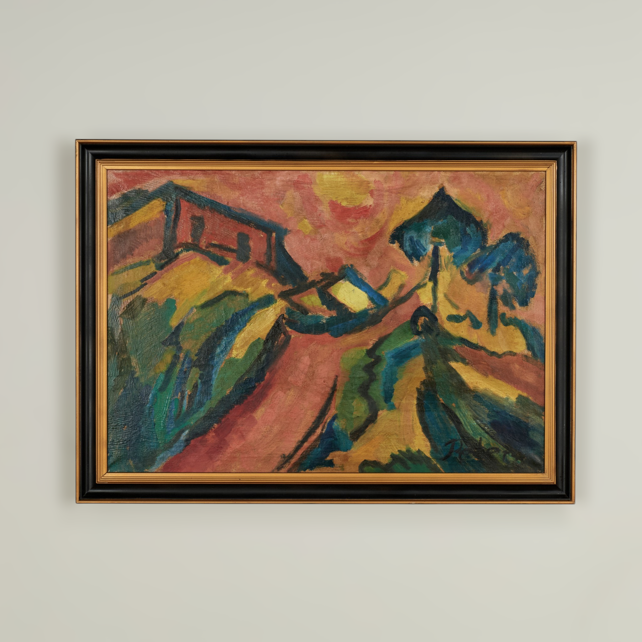 Unknown Landscape Painting - Powerful German expressionist oil painting on canvas of a stylized landscape wit