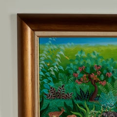 Vintage Haitian Painting of a Jungle Scene with Animals