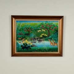 Vintage Haitian Painting of a Jungle Scene with Animals