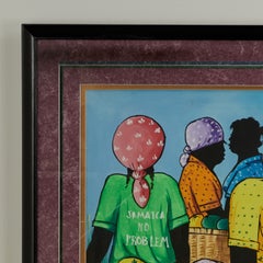 Vintage Jamaican Folk Art Painting of a Market with Figures and Fruit