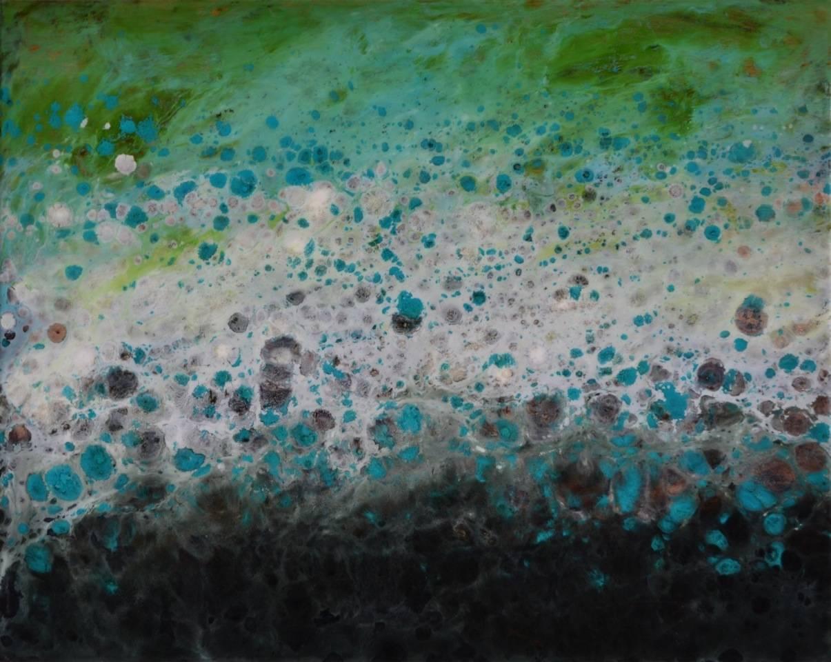 Marie Danielle Leblanc Landscape Painting – Spiez, abstract landscape, water, painting, blue, white, green, hi-gloss