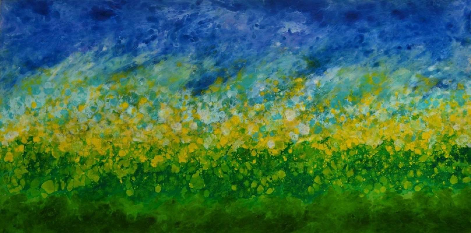 Marie Danielle Leblanc Landscape Painting - Gilli Air Island, abstract landscape, blue, green, yellow, hi-gloss finish 30x60