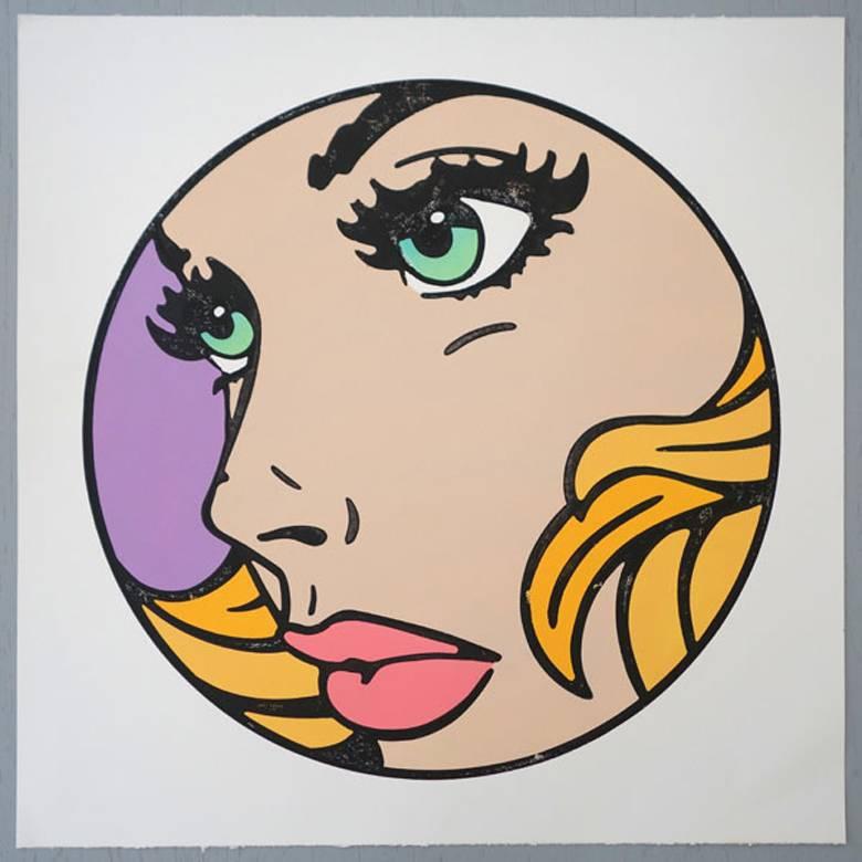 Mitch McGee Figurative Print – All That I Can - Purple, limited edition woodcut, Pop Art, Purple, Green eyes