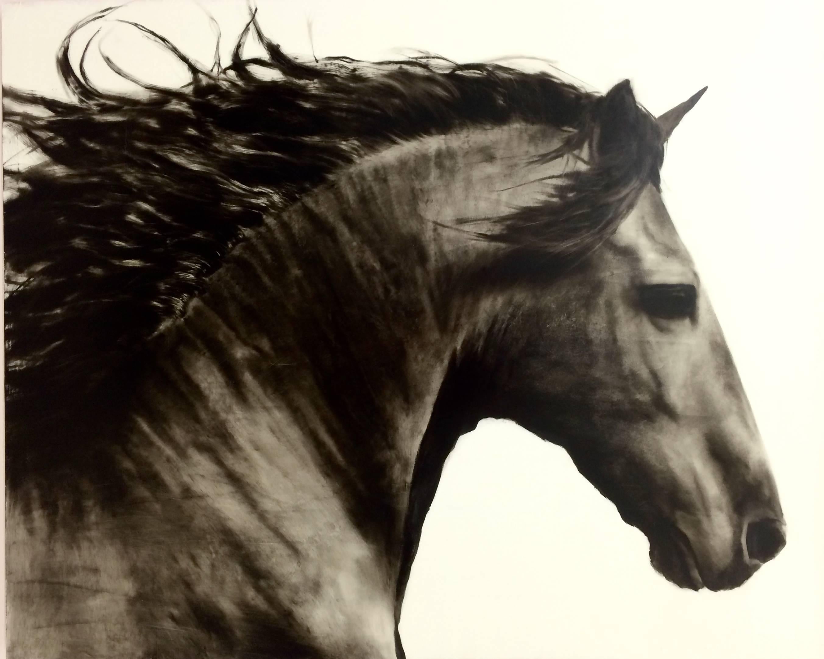 Flee to Freedom is a stunning hyperrealistic, black and white Equestrian painting by Arizona artist Ken Peloke.  This hyperrealistic horse painting is Oil and poured Resin on Wood Panel.  It is 48 x 60, framed to 49.5 x 60.5.  There is such love,
