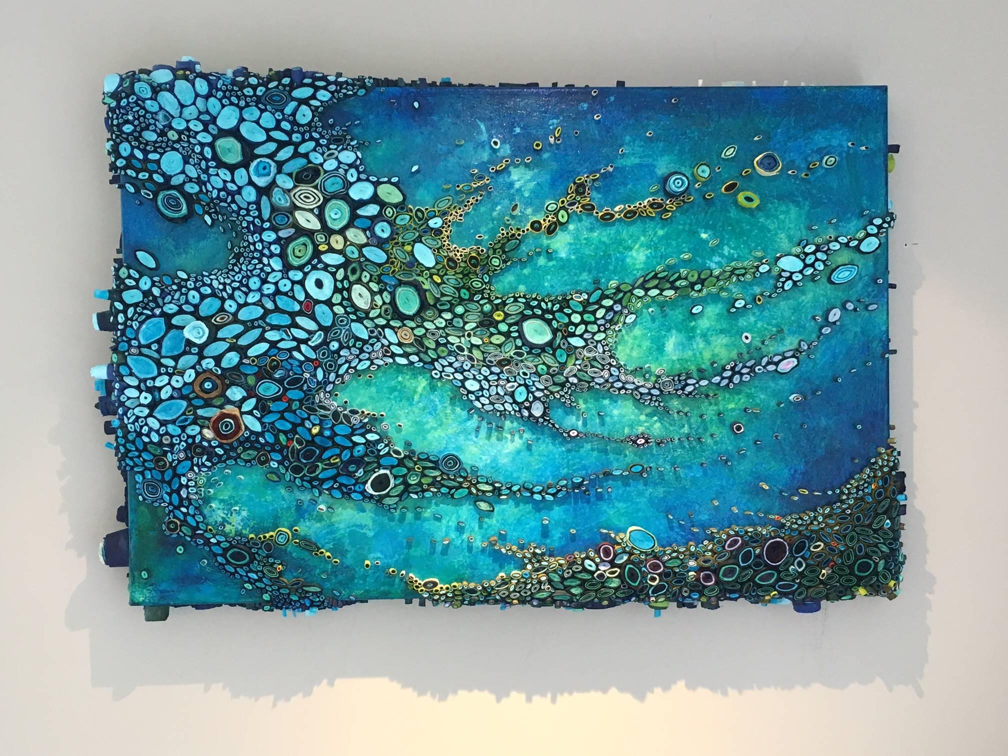 Sea Scatter, Dimensional, Water, Paper, Acrylic, Blue, Green, Beach art - Mixed Media Art by Amy Genser