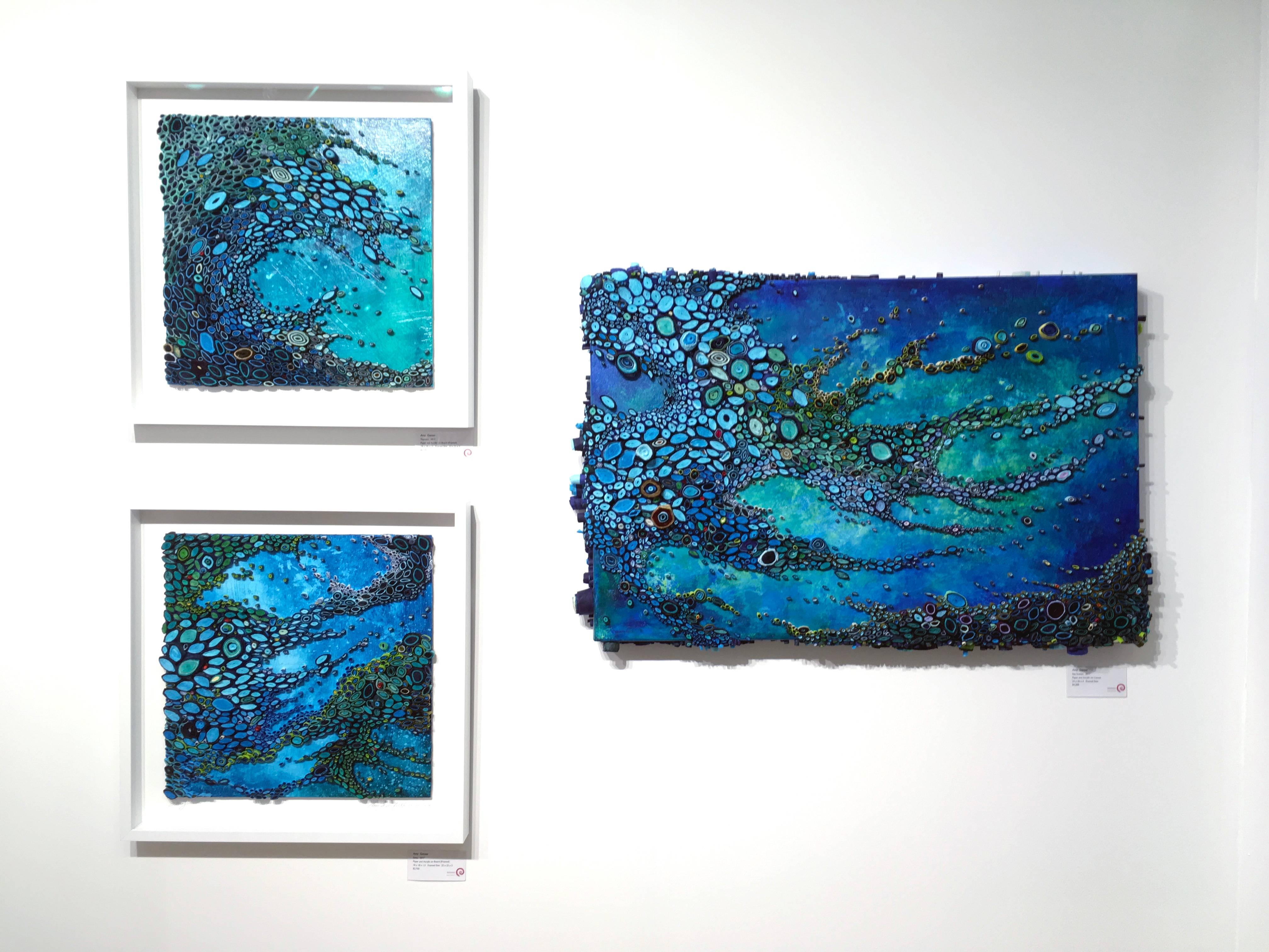 Sea Scatter, Rolled Paper and Acrylic on Canvas, 24 x 36 x 4.  It is a dimensional water inspired artwork.

Connecticut artist, Amy Genser makes dimensional organic paper seascapes. These colorful, textural, one-of-a-kind wall pieces embody movement