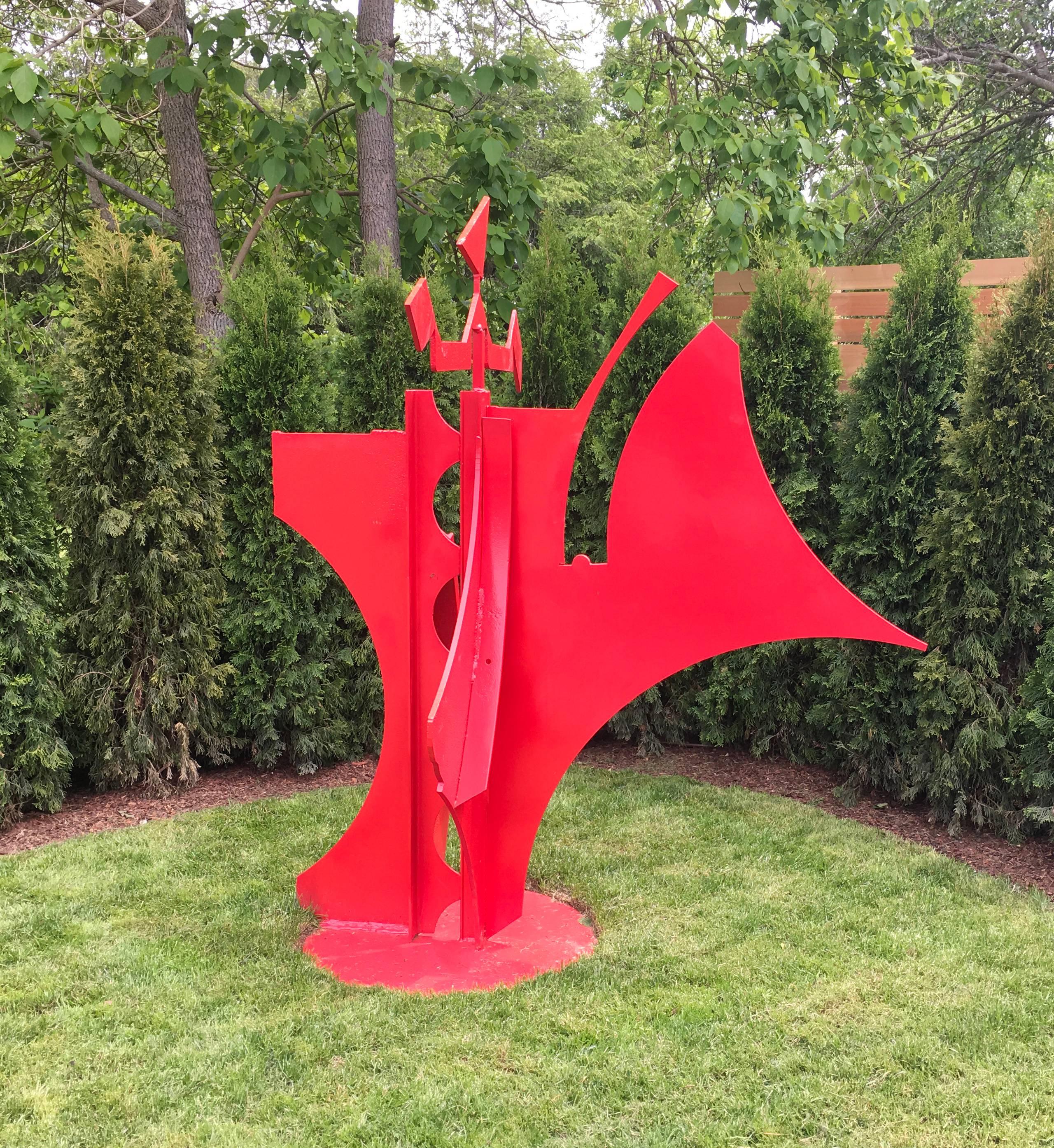 Carole Eisner Abstract Sculpture - Queen of Hearts, Outdoor Sculpture, Steel, Found Metal, Red, Dimensional
