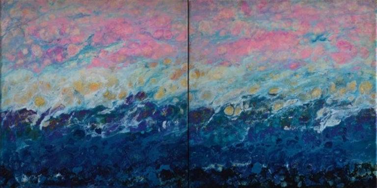 Lac Trouser, Pink, Blue, Abstract, Landscape, painting, Mixed Media, diptych 1