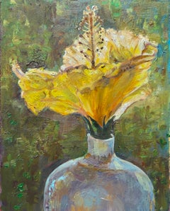 Yellow Hibiscus Flower in Ceramic Vase contemporary floral still life painting