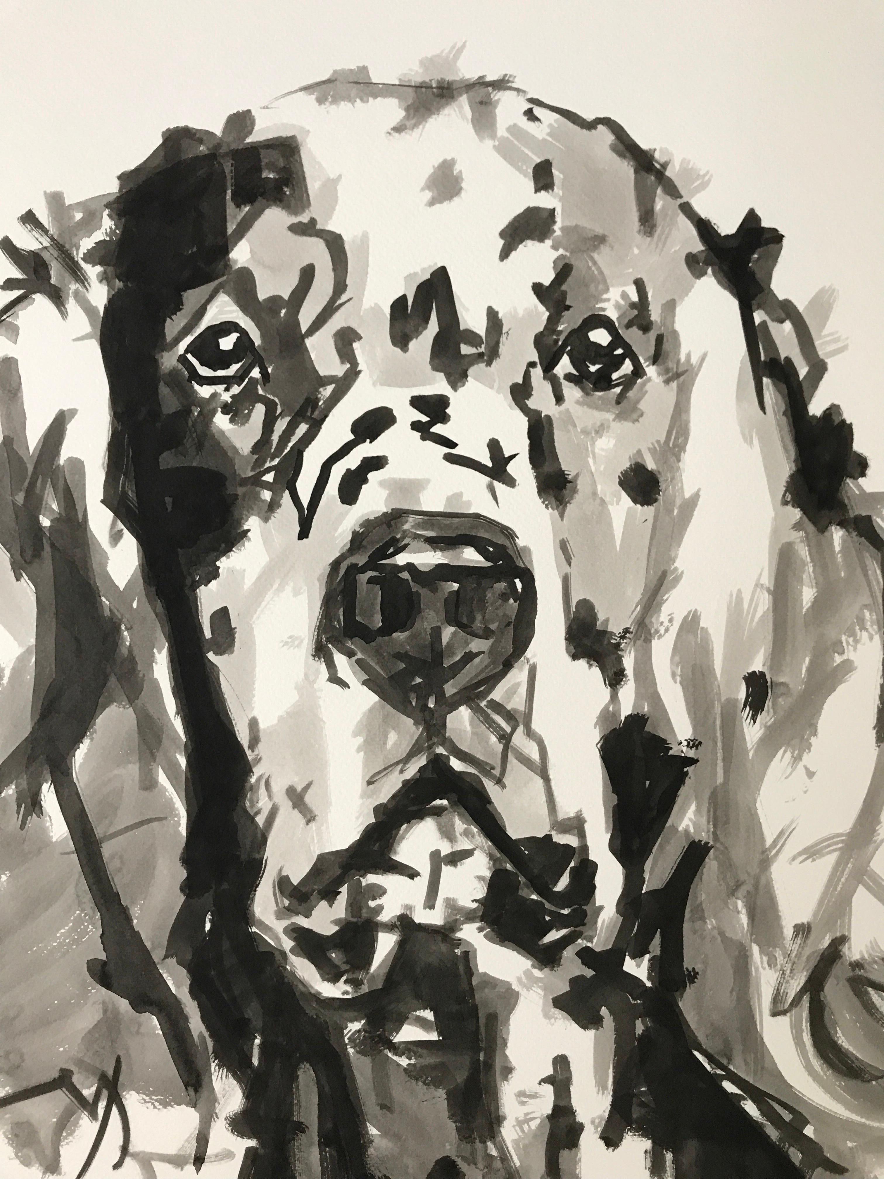 Englisches, minimalistisches, schwarz-weißes, großes Gemälde 43 x 30 auf Papier, English Setter (Grau), Animal Painting, von Ian Mason
