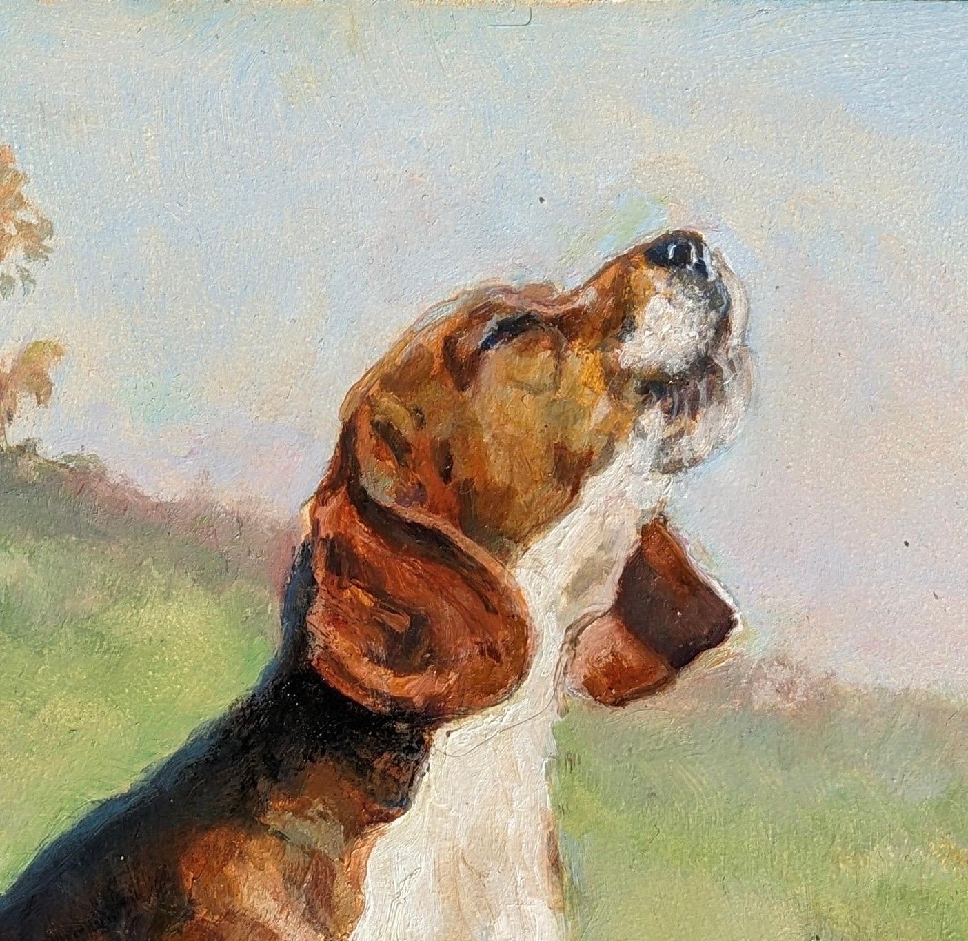 Explore Beth Carlson's captivating dog painting of an excited Hound baying, announcing the capture of a scent. This dynamic piece evokes the powerful, booming vocalization of the Hound, signaling the start of the hunt and immersing the viewer in the