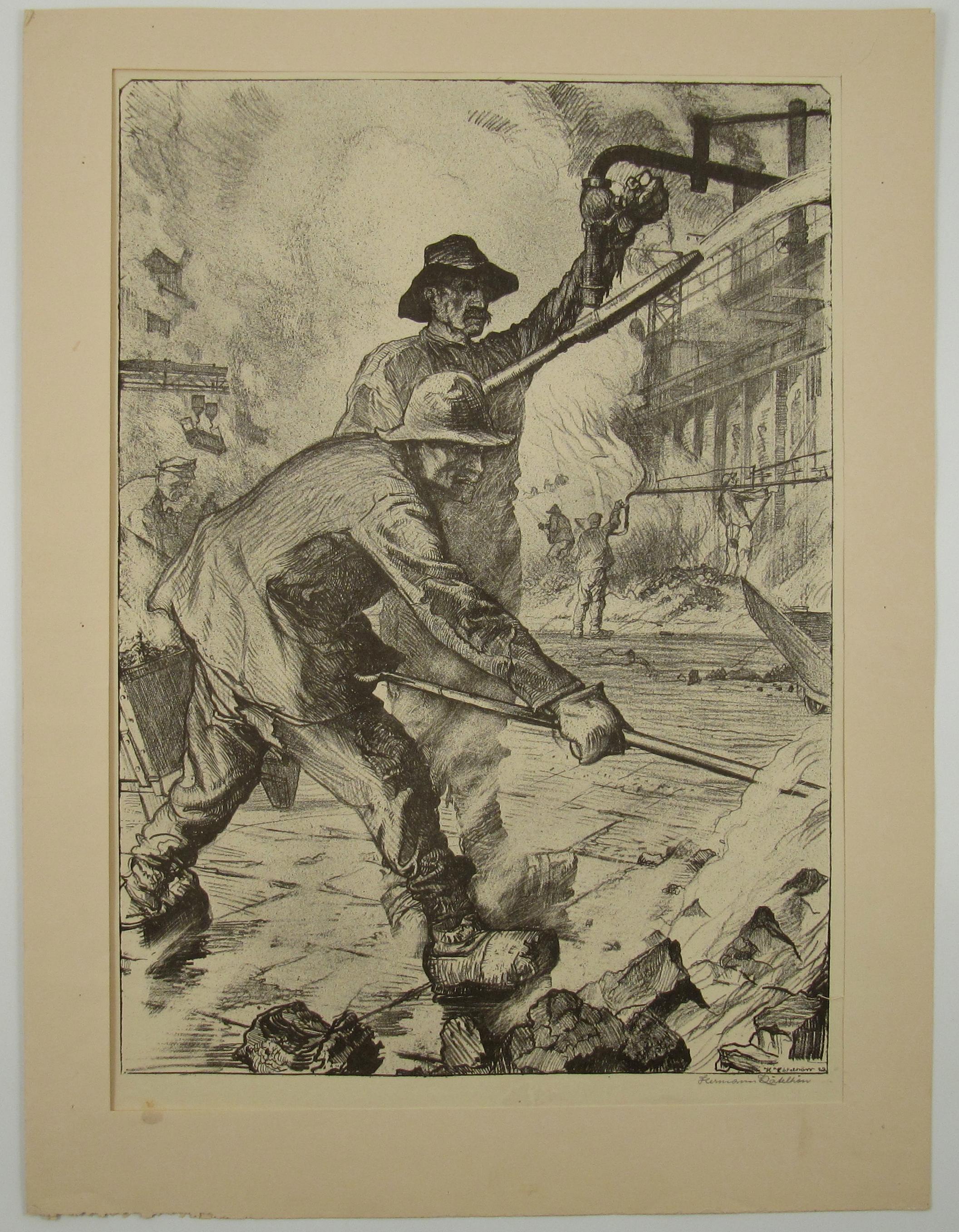 Workers - INDUSTRIAL ART - Pre War German School - Signierte Lithographie – Print von Hermann Katelhön