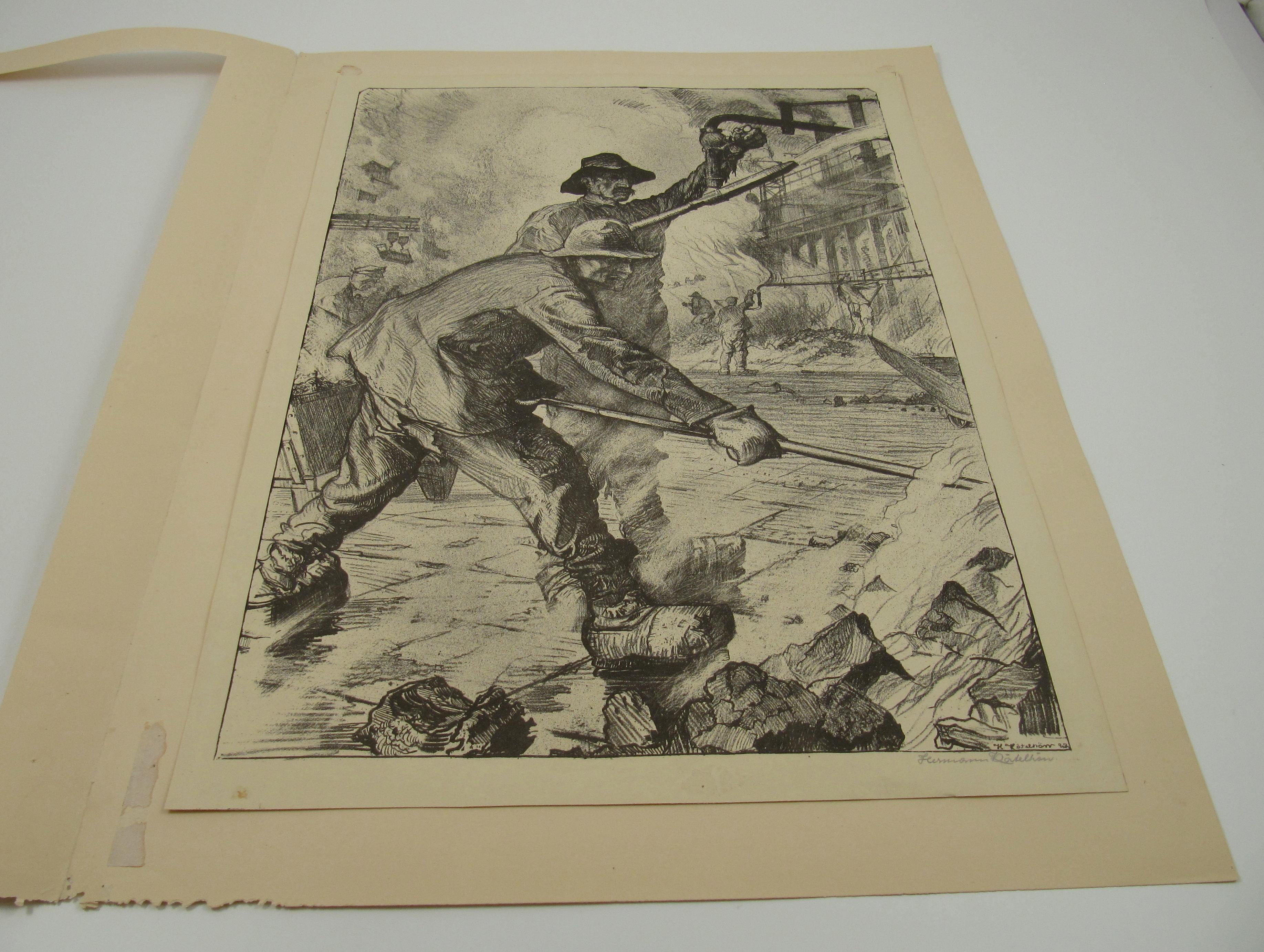 Workers - INDUSTRIAL ART - École allemande d'avant-guerre - Lithographie signée - Naturalisme Print par Hermann Katelhön